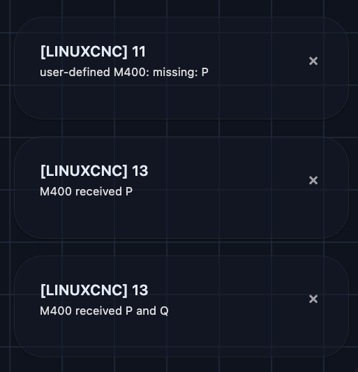 Ctrl showing the missing-P error and the two successful M400 operator messages