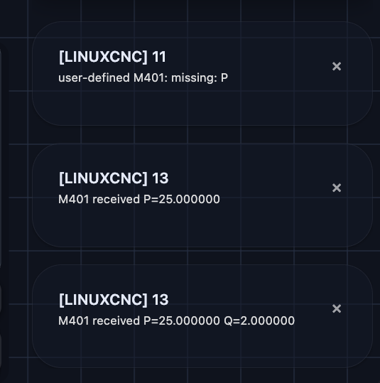 Ctrl showing the missing-P error and the two successful M401 operator messages