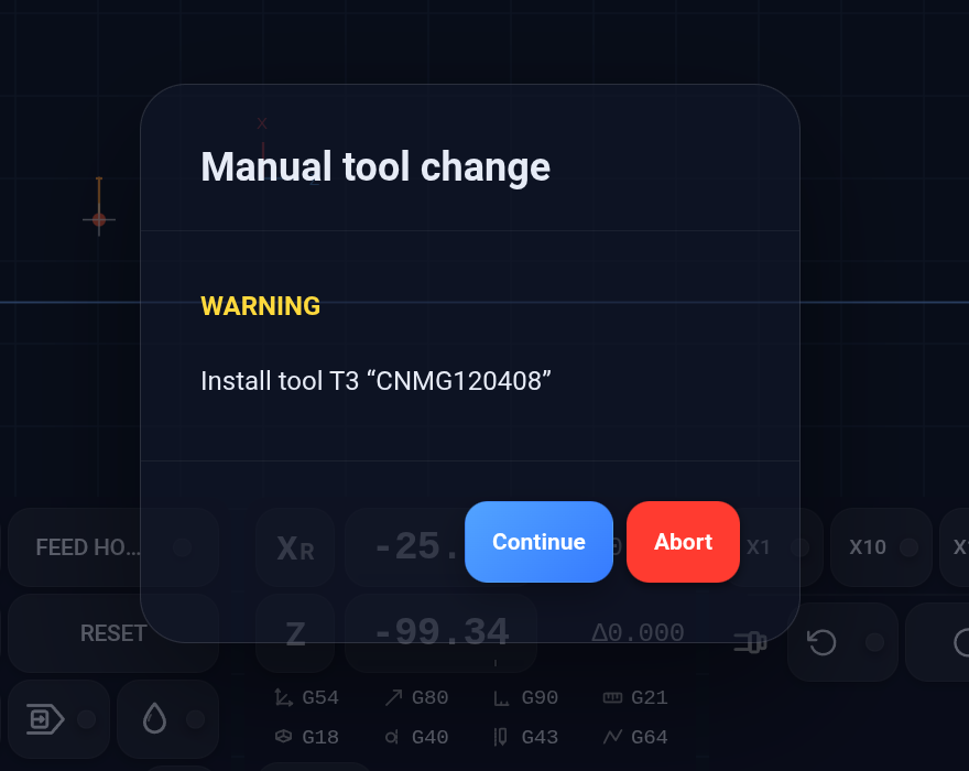 The built-in manual tool-change prompt asking for tool T3