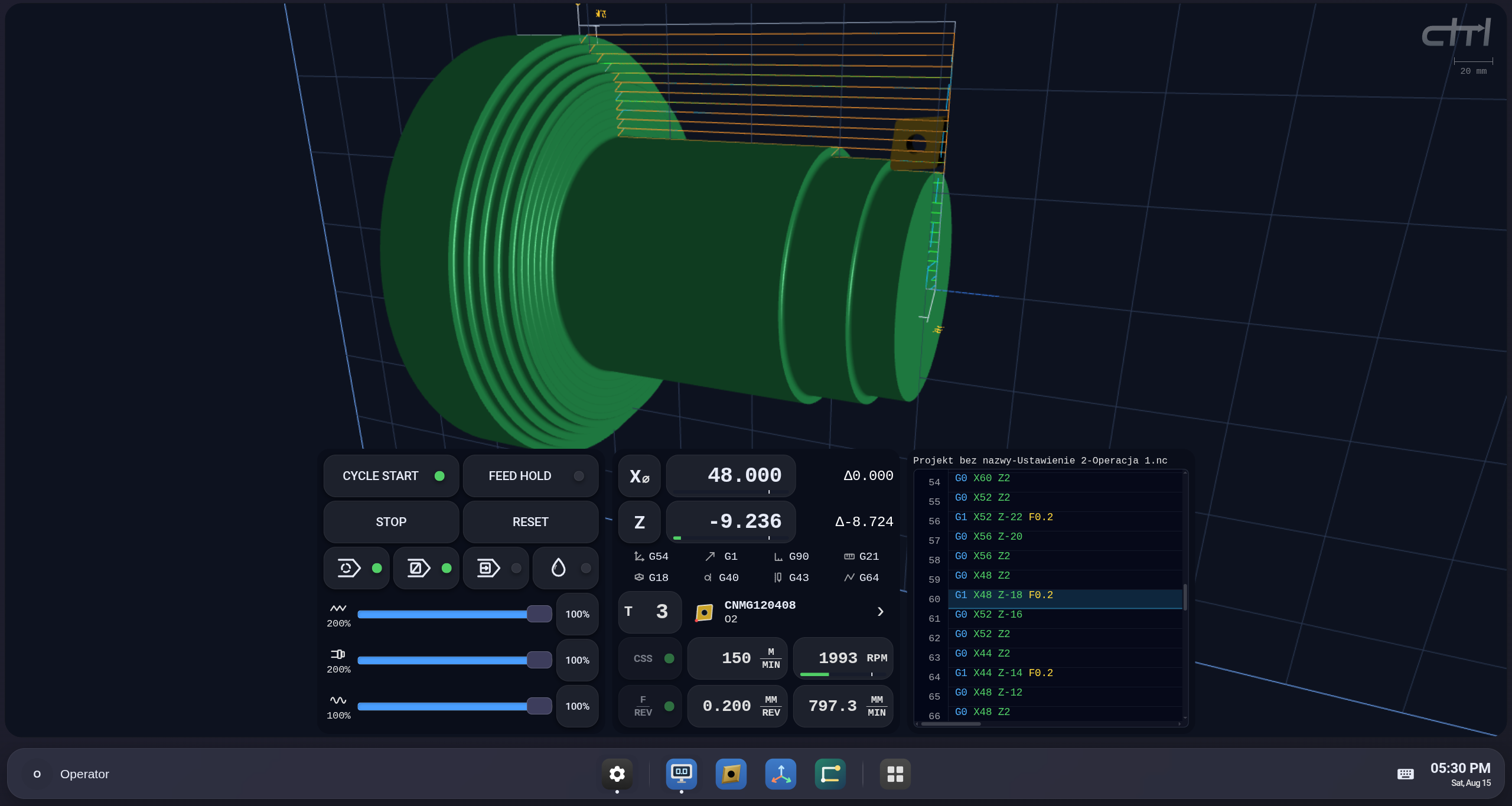 Ctrl turning control with a 3D workpiece, toolpath and operator controls